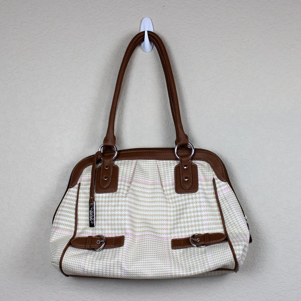 Houndstooth Satchel Purse Cream Tan Brown Structured Top Handle Shoulder Bag